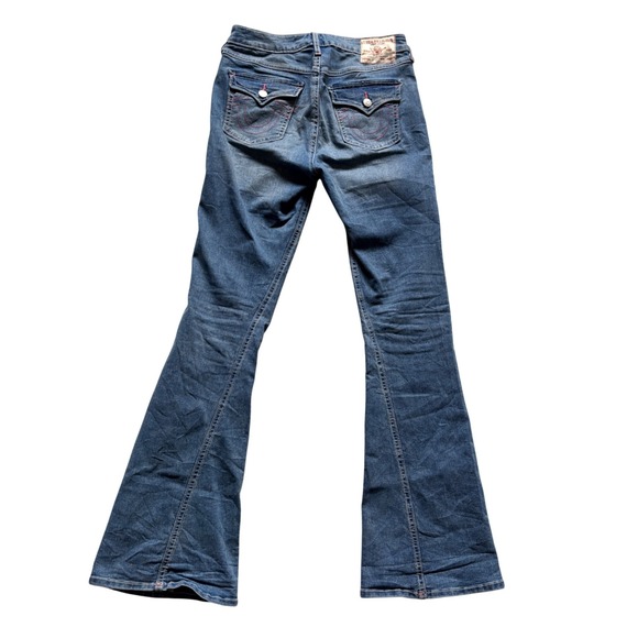 True Religion Joey Mid Rise Flare Jeans Blue Pink Contrast Stitching Size 28 - Picture 2 of 10